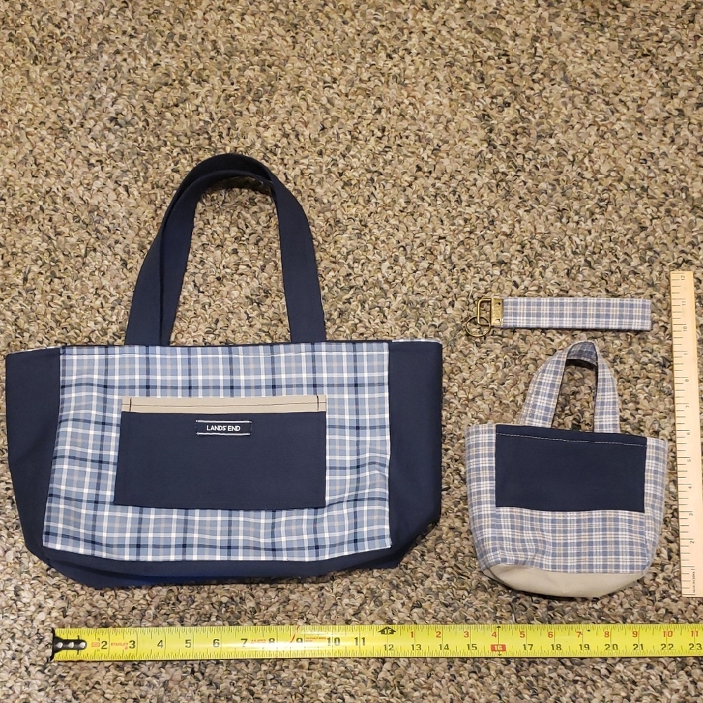 ReImagined Lands' End Navy and Plaid Tote Bag Set